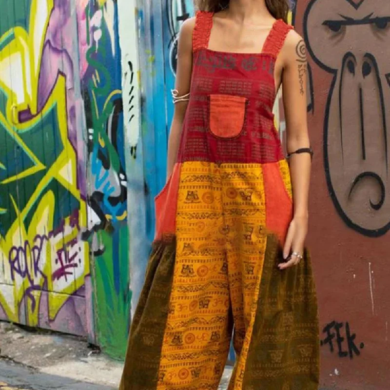 Backless Wide Leg Retro Print Dungarees Overalls Sleeveless Fitted Overalls