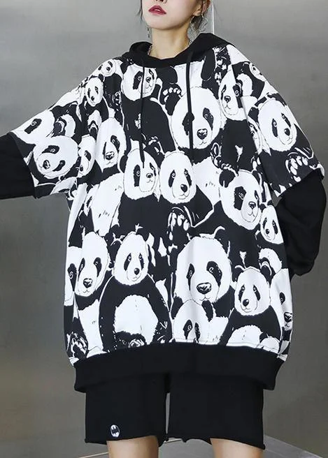 Bohemian black Panda printing tunic pattern hooded daily tops Hoodie with Neon Bright Vibrant Bohemian black Panda printing tunic pattern hooded daily tops Hoodie with Neon Bright Vibrant