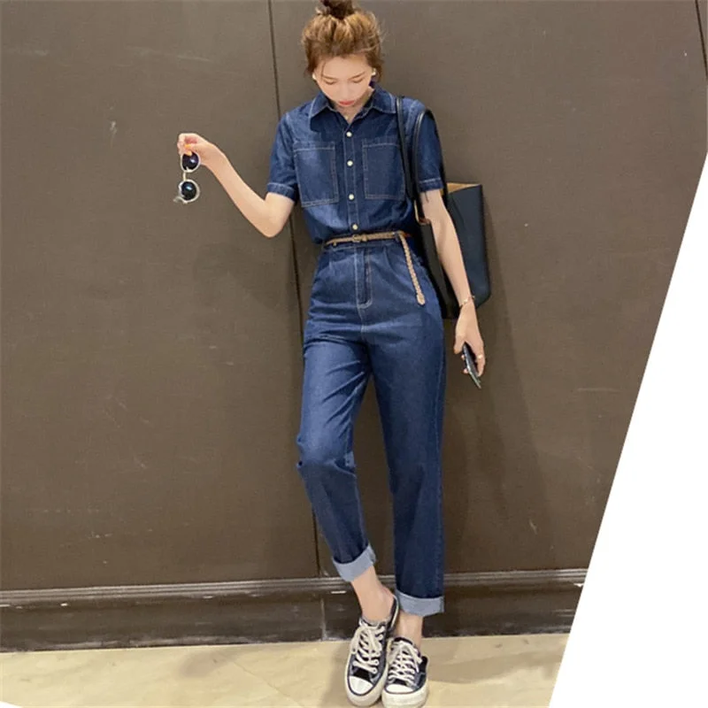 Casual Short Sleeve Denim Overalls One Piece Jumpsuit Stretchy Waist Romper