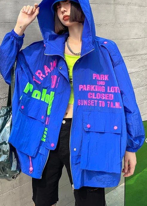 Chic Blue Print Pockets zippered Spring Hooded Coat Appliqued Beaded Sequined