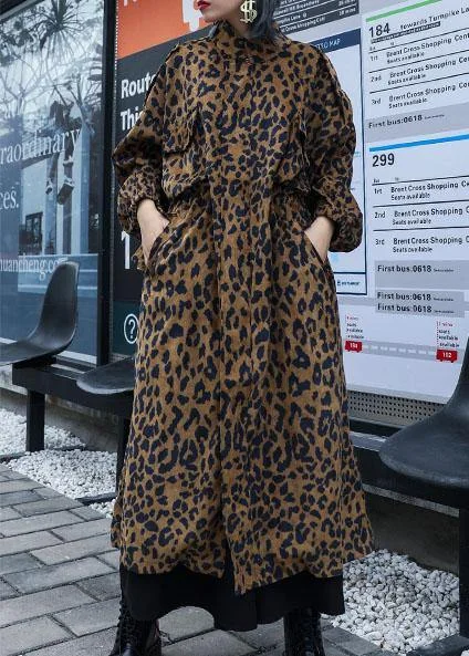 French Leopard Plus Size trench coat Gifts zippered fall coat Stylish Short Sleeve Trench