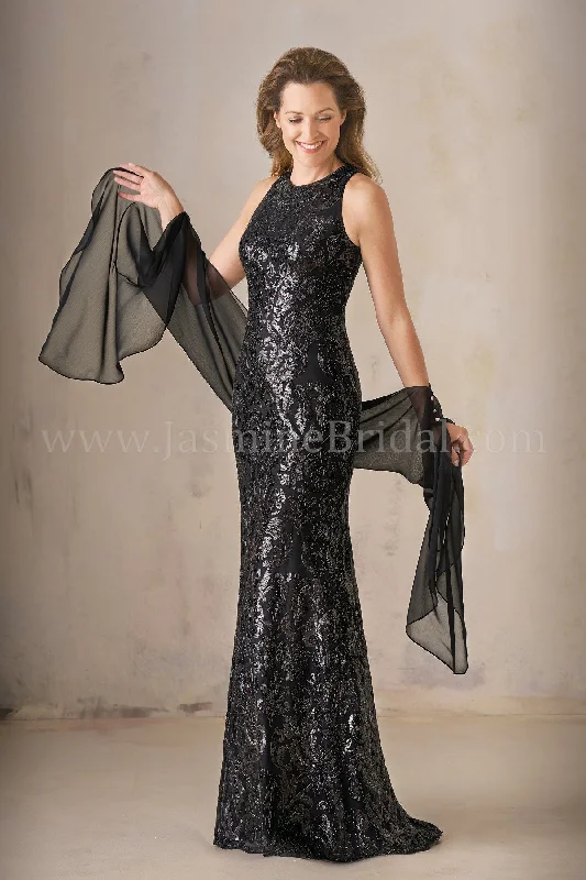 Jasmine K208007 Long Jewel Neckline Metallic Embroidery Lace MOB Dress with Shawl Comfortable Pashmina Shawl Jasmine K208007 Long Jewel Neckline Metallic Embroidery Lace MOB Dress with Shawl Comfortable Pashmina Shawl