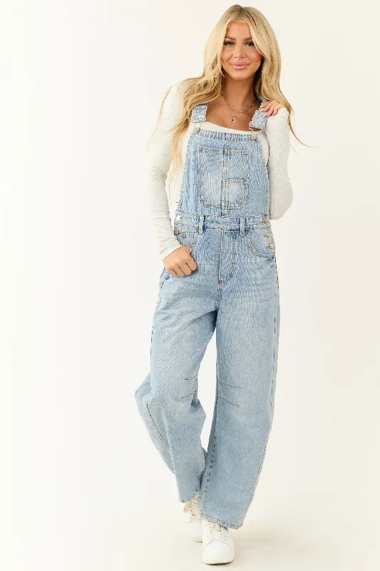 Light Wash Denim Barrel Overalls Cropped Wide-Leg Overalls
