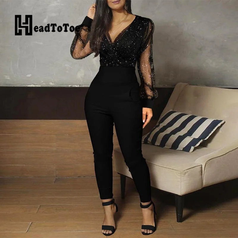 Long Sleeve V Neck Skinny Fit One Piece Overalls Jumpsuit Elegant Drape Jumpsuit