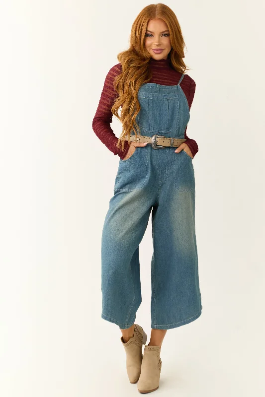 Medium Wash Denim Wide Leg Overalls Jumpsuit Comfy Travel Overalls