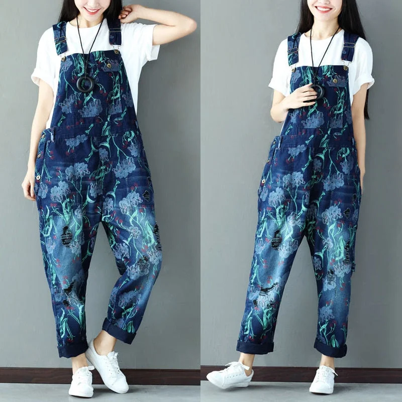 New Printed Ladies Overalls Denim Jeans Loose Jumpsuits Roomy Pocket Jumpsuit