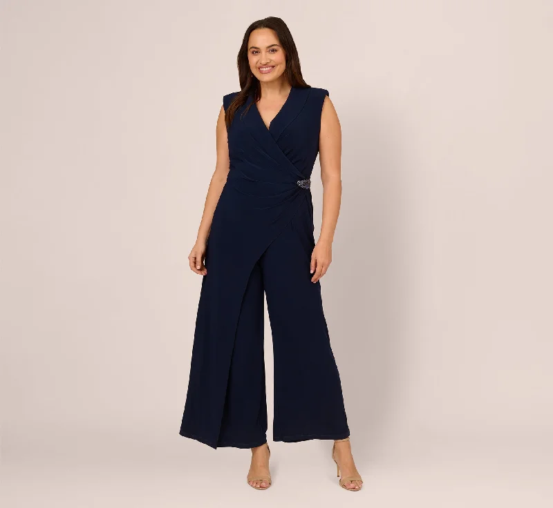 Plus Size Sleeveless Jersey Wide Leg Jumpsuit With Shawl Neckline In Midnight Lightweight Silk Shawl Plus Size Sleeveless Jersey Wide Leg Jumpsuit With Shawl Neckline In Midnight Lightweight Silk Shawl
