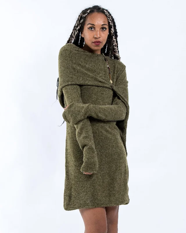 Shawl Hoodie Combo Sweater Dress in Green Fashionable Silk Shawl Wrap