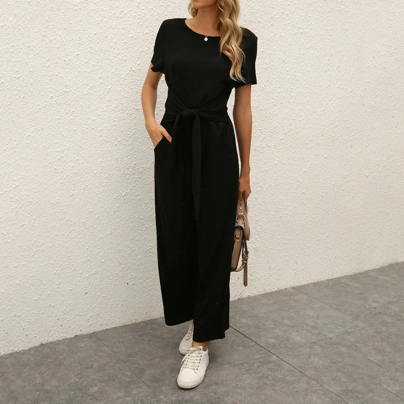 Solid Color O-neck Pocket Casual Chiffon Overalls Elegant Satin Jumpsuit
