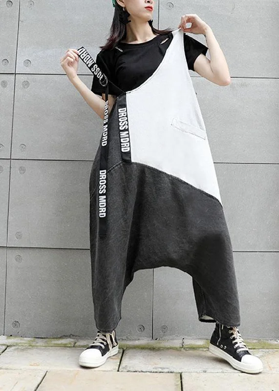Strap retro black gray patchwork overalls casual pants jeans women Distressed Ripped Jumpsuit Strap retro black gray patchwork overalls casual pants jeans women Distressed Ripped Jumpsuit