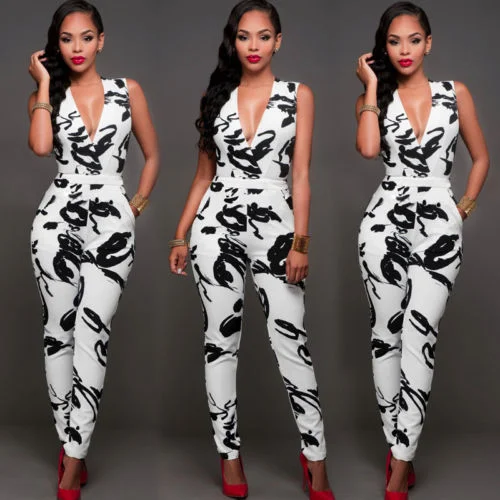 Strap V Neck Sleeveless Floral Print Beach Elegant Bodycon Overalls Loose Relaxed Jumpsuit
