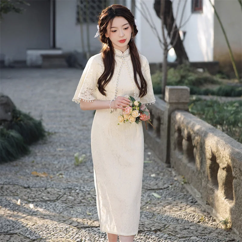 Stunning and Graceful Two-Piece Set of Cheongsam Dress and Shawl in Compound Lace Warm Cashmere Shawl Scarf Stunning and Graceful Two-Piece Set of Cheongsam Dress and Shawl in Compound Lace Warm Cashmere Shawl Scarf