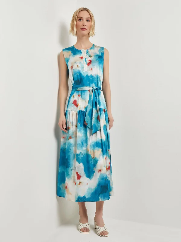 Watercolor Removable Shawl Collar Crepe Maxi Dress Stylish Fringed Shawl Cape