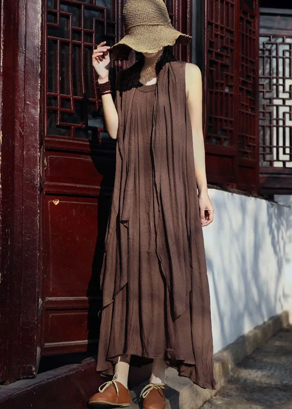 Women Coffee Asymmetrical Linen Spaghetti Strap Dress And Shawl Two Pieces Set Summer Trendy Oversized Shawl Cape Women Coffee Asymmetrical Linen Spaghetti Strap Dress And Shawl Two Pieces Set Summer Trendy Oversized Shawl Cape
