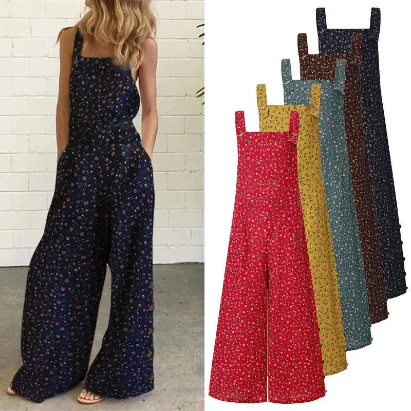 Women Overalls Floral Print Jumpsuit Draped Wide-Leg Jumpsuit