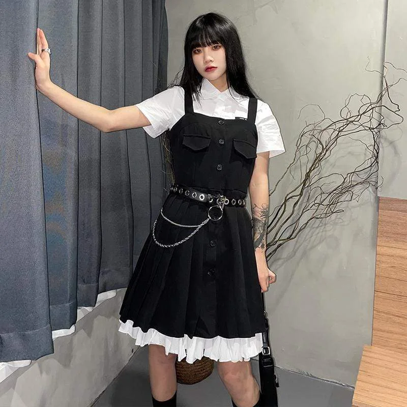 Women's Harajuku Single-breasted High-waisted Overalls Dresses Patch Pocket Overalls Women's Harajuku Single-breasted High-waisted Overalls Dresses Patch Pocket Overalls