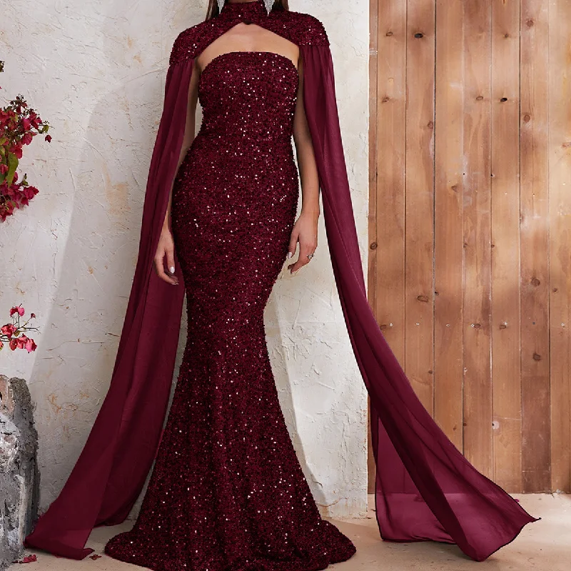 NiDELL European and American New High-End Evening Dress Sequined Halter Shawl Chiffon Long Sleeve Dress Fishtail Dress-MGT610-2 Elegant Lace Shawl Wrap NiDELL European and American New High-End Evening Dress Sequined Halter Shawl Chiffon Long Sleeve Dress Fishtail Dress-MGT610-2 Elegant Lace Shawl Wrap