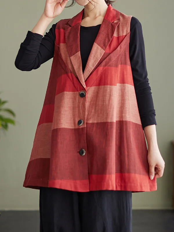 Spring Women Linen Plaid Retro Sleeveless Suit Collar Coat Buttoned Toggled Snapped