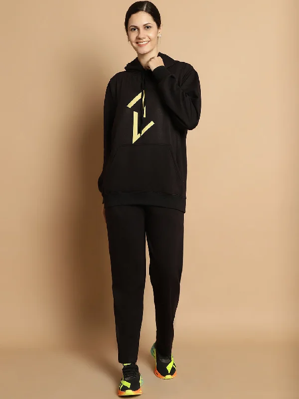 Vimal Jonney Black Printed Hooded Cotton Fleece Tracksuit for Women(Kangaroo Pockets) Hoodie with Hem Frayed Vintage Worn Vimal Jonney Black Printed Hooded Cotton Fleece Tracksuit for Women(Kangaroo Pockets) Hoodie with Hem Frayed Vintage Worn