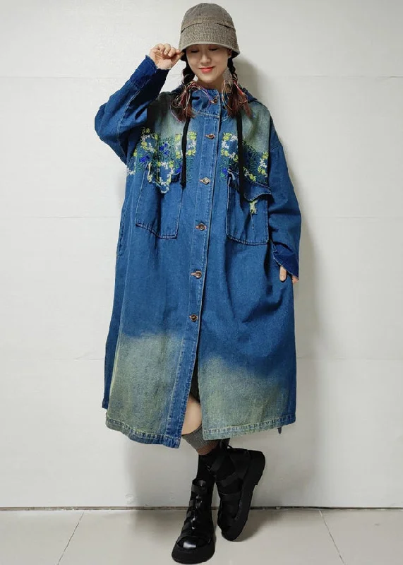 Blue Button Pockets Denim Trench Coat Embroidered Long Sleeve Comfortable Beige Trench Coat Blue Button Pockets Denim Trench Coat Embroidered Long Sleeve Comfortable Beige Trench Coat