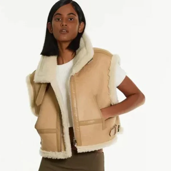 Brown Women's B3 Sheepskin Aviator Leather Vest Smart-Casual Vest Coat