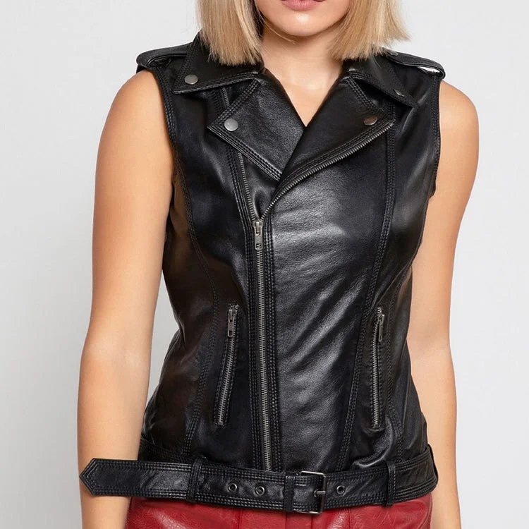 Women Black Leather Vest Button-Up Wool Vest