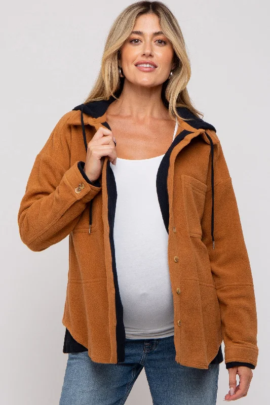 Camel Soft Hooded Maternity Shacket Hoodie with Slit Hem Functional Movement