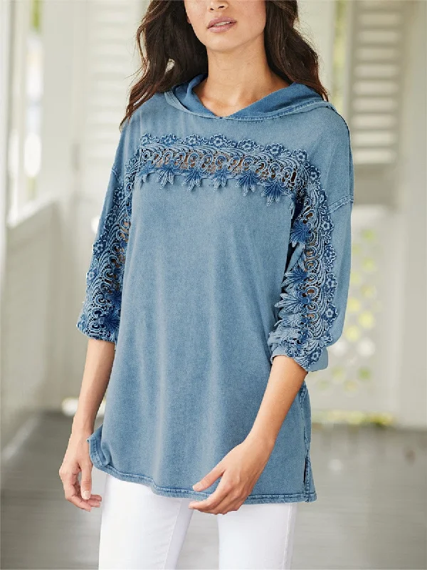 Casual Loose Lace Hooded Soft Tee Top Hoodie with Zipper Placket Modern Functional