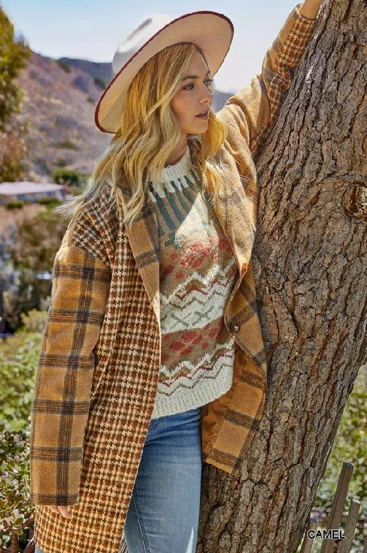Mixed Oversize Coat with Pockets and Button Zip Front Button Front Snap Front