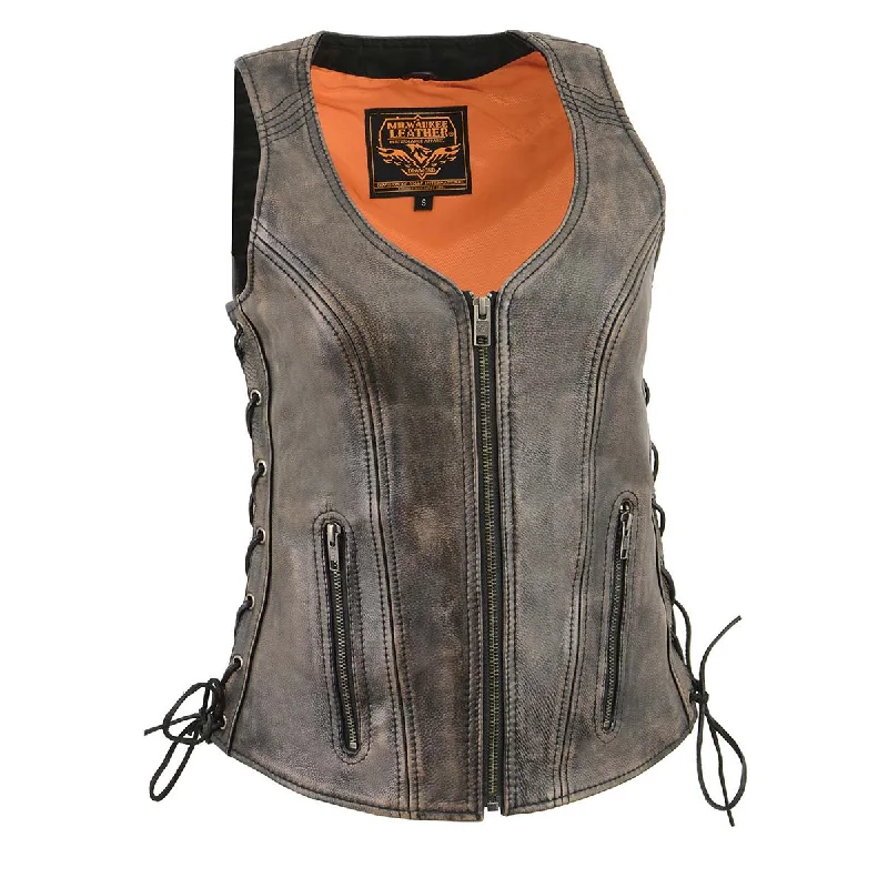 Women's Distressed Brown ‘Open Neck’ Motorcycle Leather Vest with Side Laces Luxe Faux Fur Vest
