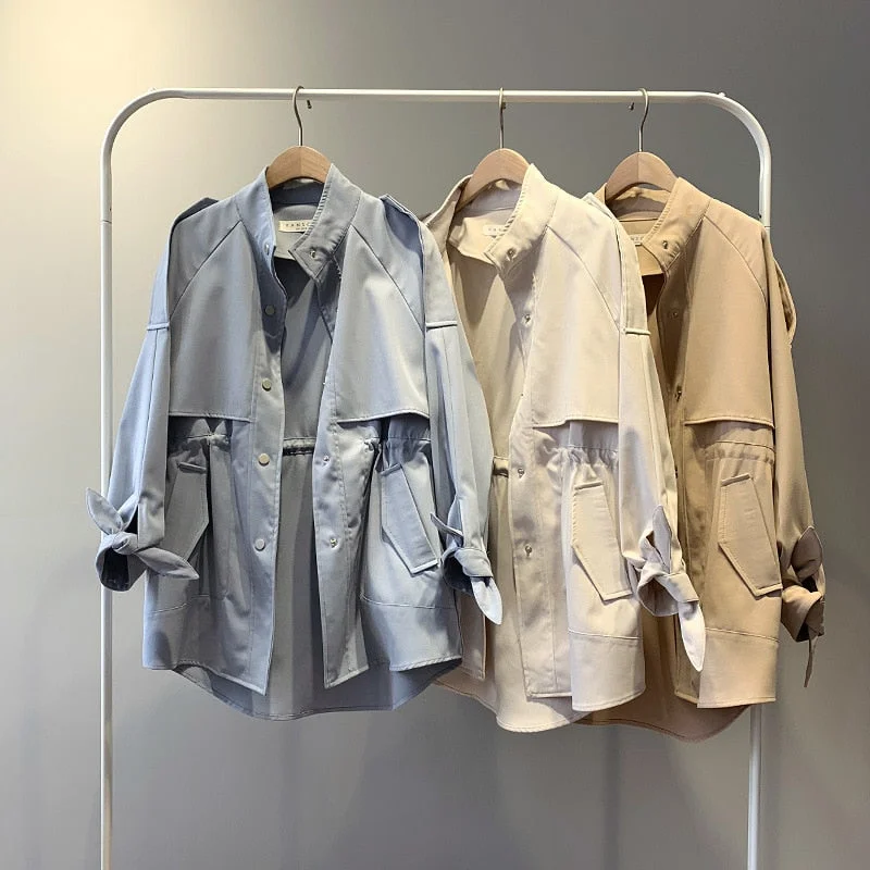 Fashion Trench Coat Female Spring Windbreaker Drawstring Summer Casual Loose Safari Clothes Stand Collar 2020 Women Short Trench Double-Breasted Belted Trench Fashion Trench Coat Female Spring Windbreaker Drawstring Summer Casual Loose Safari Clothes Stand Collar 2020 Women Short Trench Double-Breasted Belted Trench