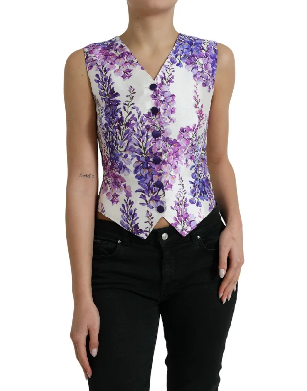Floral Print Silk Blend Waistcoat Stylish Faux Fur Waistcoat Vest