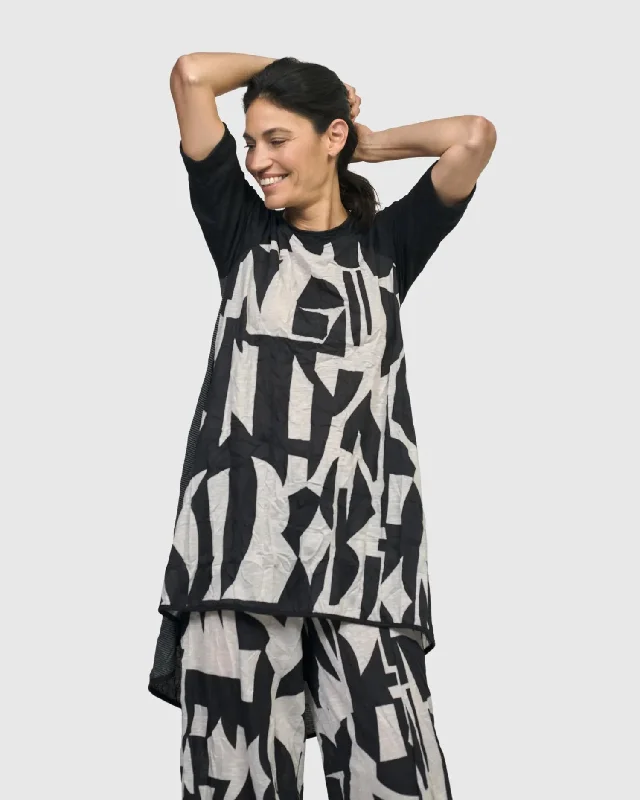 Geometric Hooded Tunic Top, Mono Hoodie with V-Neck Classic Versatile