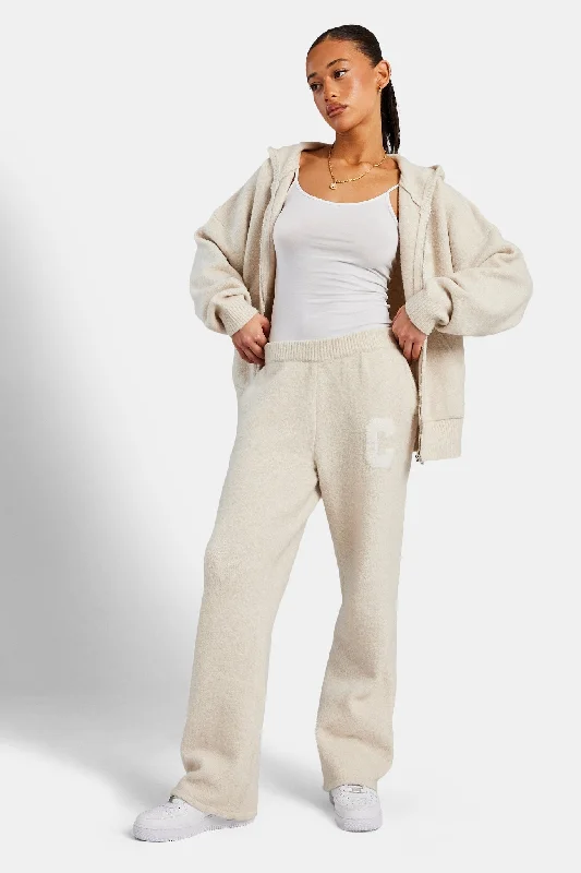 Hooded Zip Through Knitted Tracksuit - Oatmeal Hoodie with Hem Raw Edge Edgy Unfinished Hooded Zip Through Knitted Tracksuit - Oatmeal Hoodie with Hem Raw Edge Edgy Unfinished