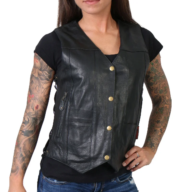 Hot Leathers VSL1008 Ladies Black 'Ten Pocket' Leather Vest Quilted Down Vest