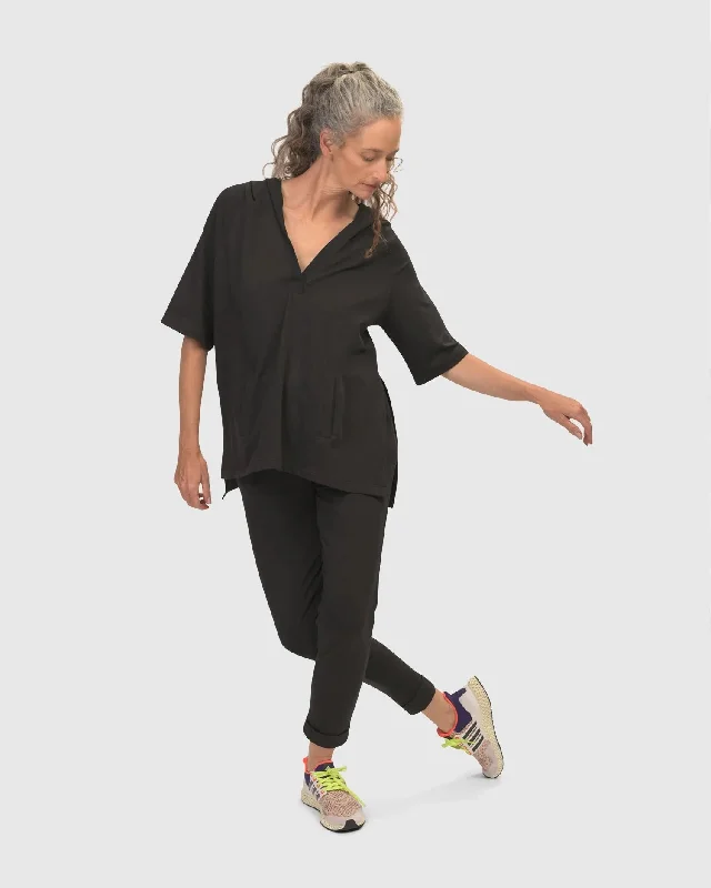 Inhale Hooded Hi-Lo Top, Solid Black Hoodie with Crew Neck Simple Timeless