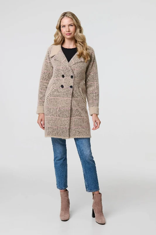 Checked Button Front Thigh Length Trench Coat Fashionable Double-Breasted Wool Trench Checked Button Front Thigh Length Trench Coat Fashionable Double-Breasted Wool Trench