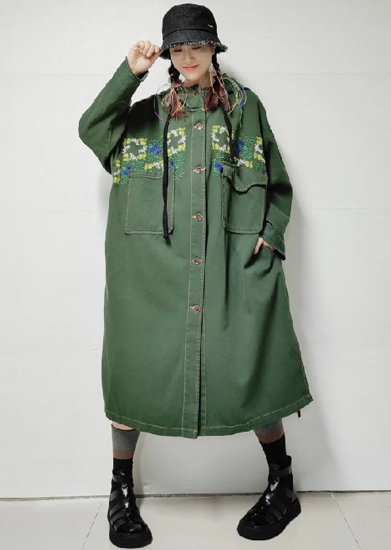 Loose Army Green Hooded Pockets Denim Long Trench Coat Fall Casual Trench Coat for Women Loose Army Green Hooded Pockets Denim Long Trench Coat Fall Casual Trench Coat for Women