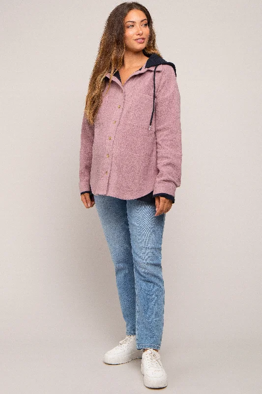 Mauve Soft Hooded Maternity Shacket Hoodie with Mock Neck Collared Structured