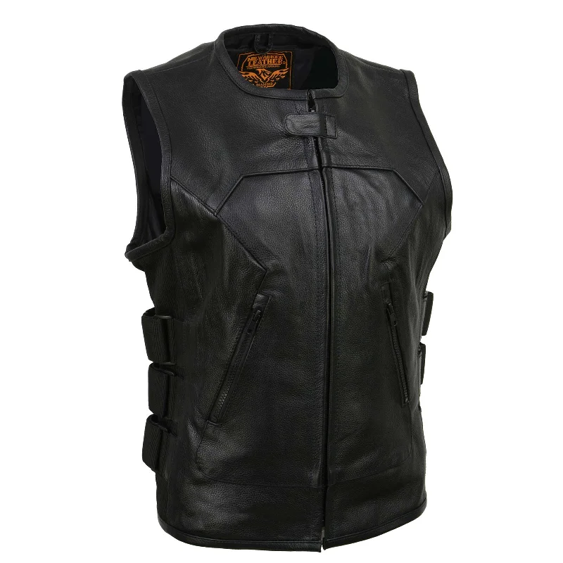 Milwaukee Leather MLL4501 Women's Bullet Proof Style Swat Rider Leather Vest W/ Single Panel Back for Club Patches Draped Open Vest Milwaukee Leather MLL4501 Women's Bullet Proof Style Swat Rider Leather Vest W/ Single Panel Back for Club Patches Draped Open Vest