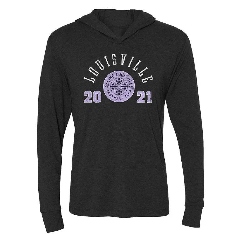 Racing Louisville FC Women's Long Sleeve Hooded Tee Hoodie with Hem Applique Textured Unique Racing Louisville FC Women's Long Sleeve Hooded Tee Hoodie with Hem Applique Textured Unique