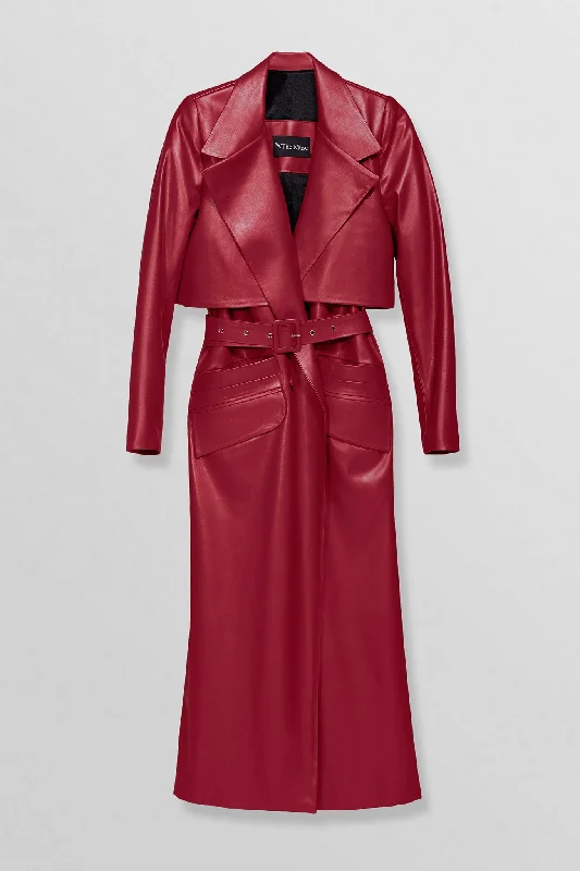 Belted vegan leather trench coat in red Stylish Faux-Fur Trench Coat