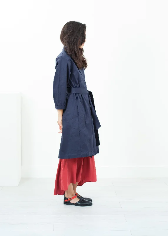 Sateen Trench in Navy Classic Plaid Wool Trench