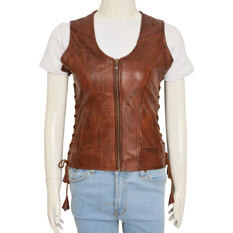 Women Brown Leather Vest Sleeveless Overcoat Vest