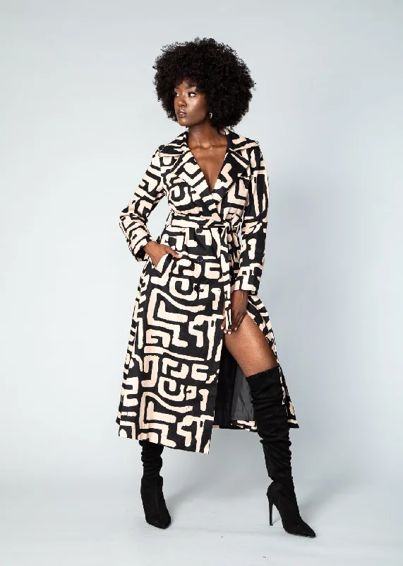 Maizah Women's African Print Maxi Trench Coat (Black Tan Geometric) Fashionable Wool Trench Coat Maizah Women's African Print Maxi Trench Coat (Black Tan Geometric) Fashionable Wool Trench Coat