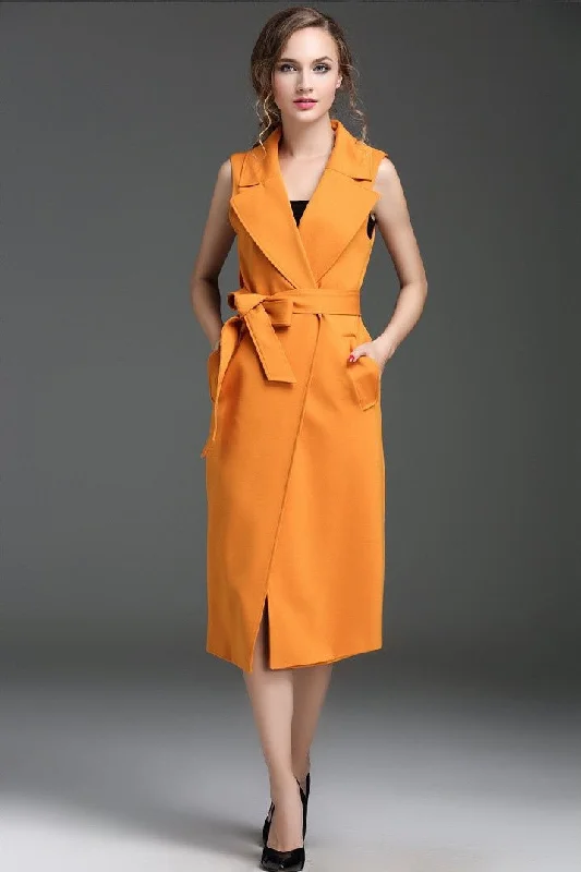 Trench Coat Vest W/ Tie Elegant Black Wool Trench