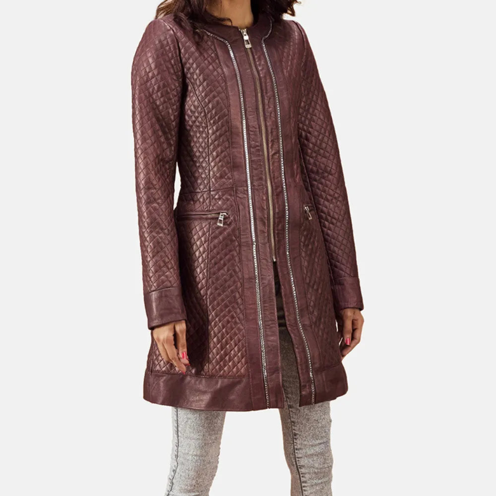 Quilted Maroon Trench Coat Women Chic Plaid Trench Coat