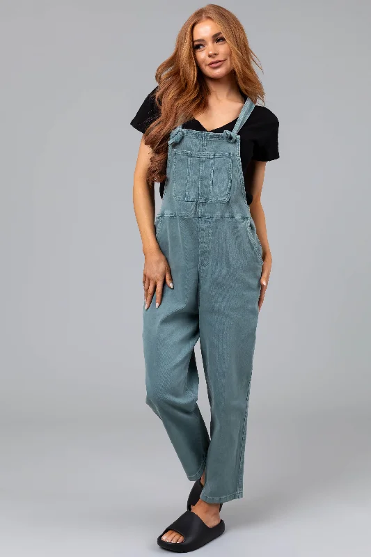 Washed Juniper Knot Strap Denim Overalls Relaxed Tencel Overalls