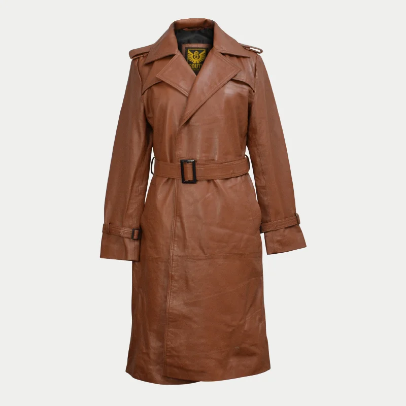 Women Brown Belted Mid-Length Genuine Leather Trench Coat Warm Wool Blend Trench