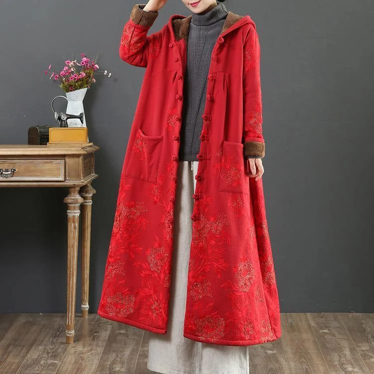 Women embroidery Fine hooded trench coat red short outwears Soft Knit Trench Coat